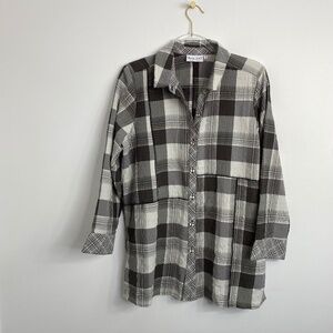Habitat Womens Top Blouse Button-Up Shirt Checker Plaid Lagenlook Gray Large L